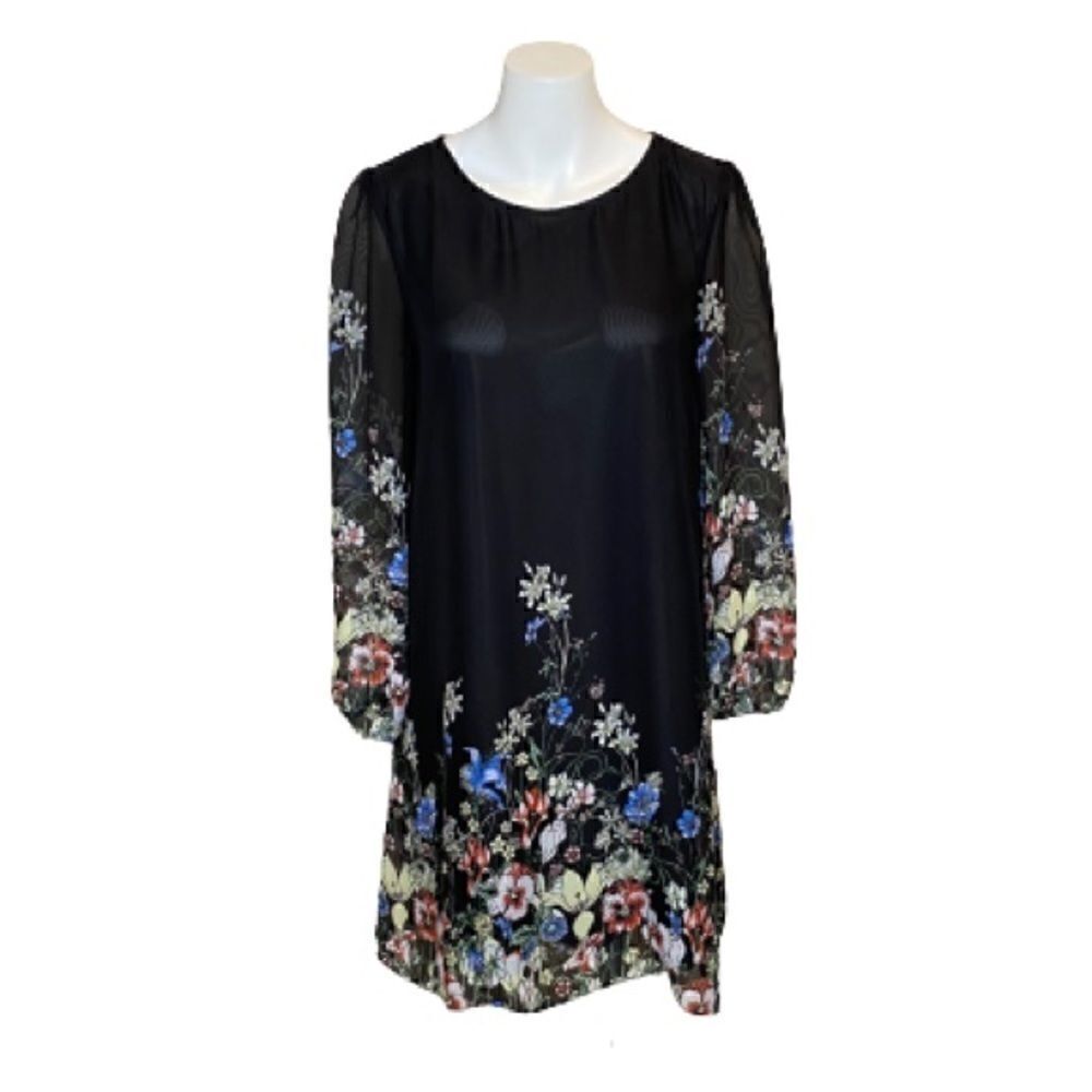 Kate Kasin black floral long sleeve chiffon dress size S
